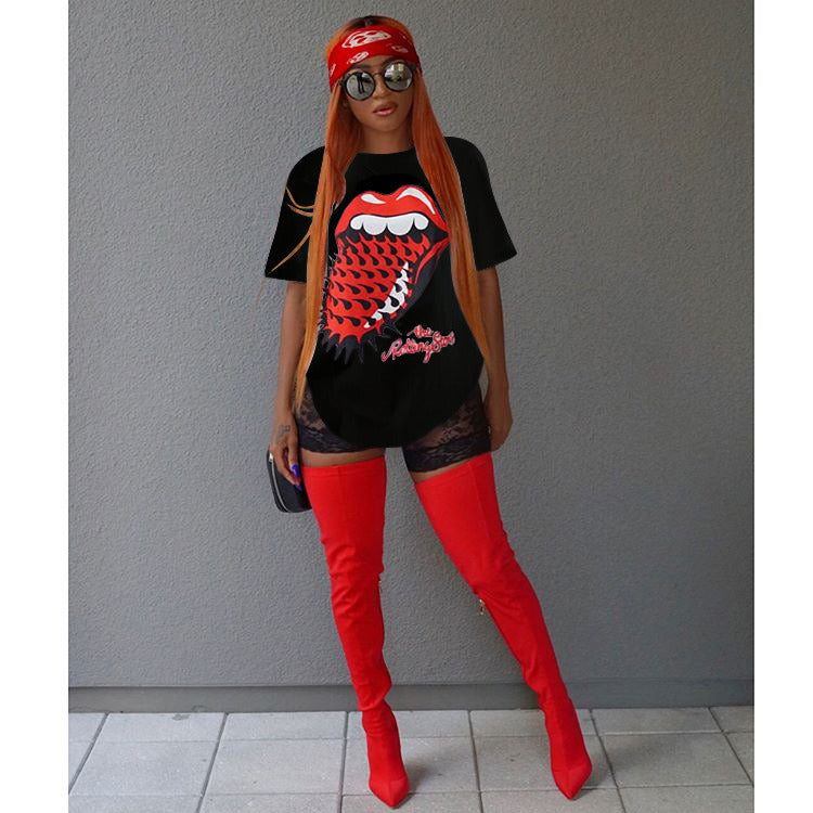 Womens Printed Big Tongue T-shirt Summer Loose Short Sleeve Girl Clothing Summer Fashion Designer Shirt