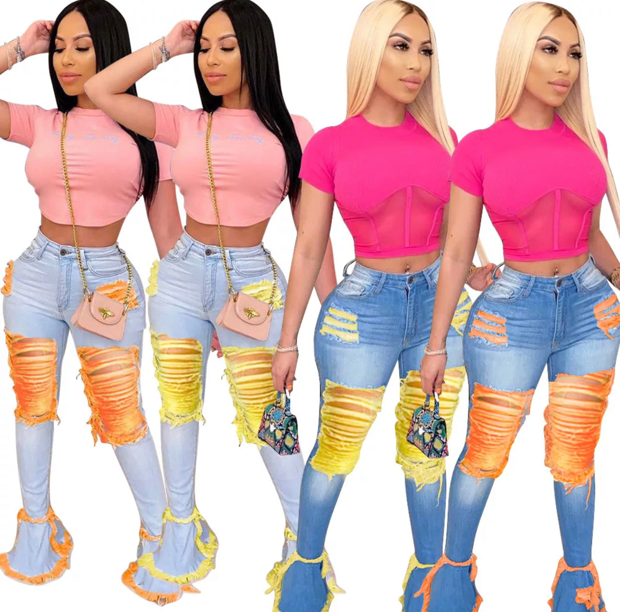 Two-Tone Distressed Flare Jeans