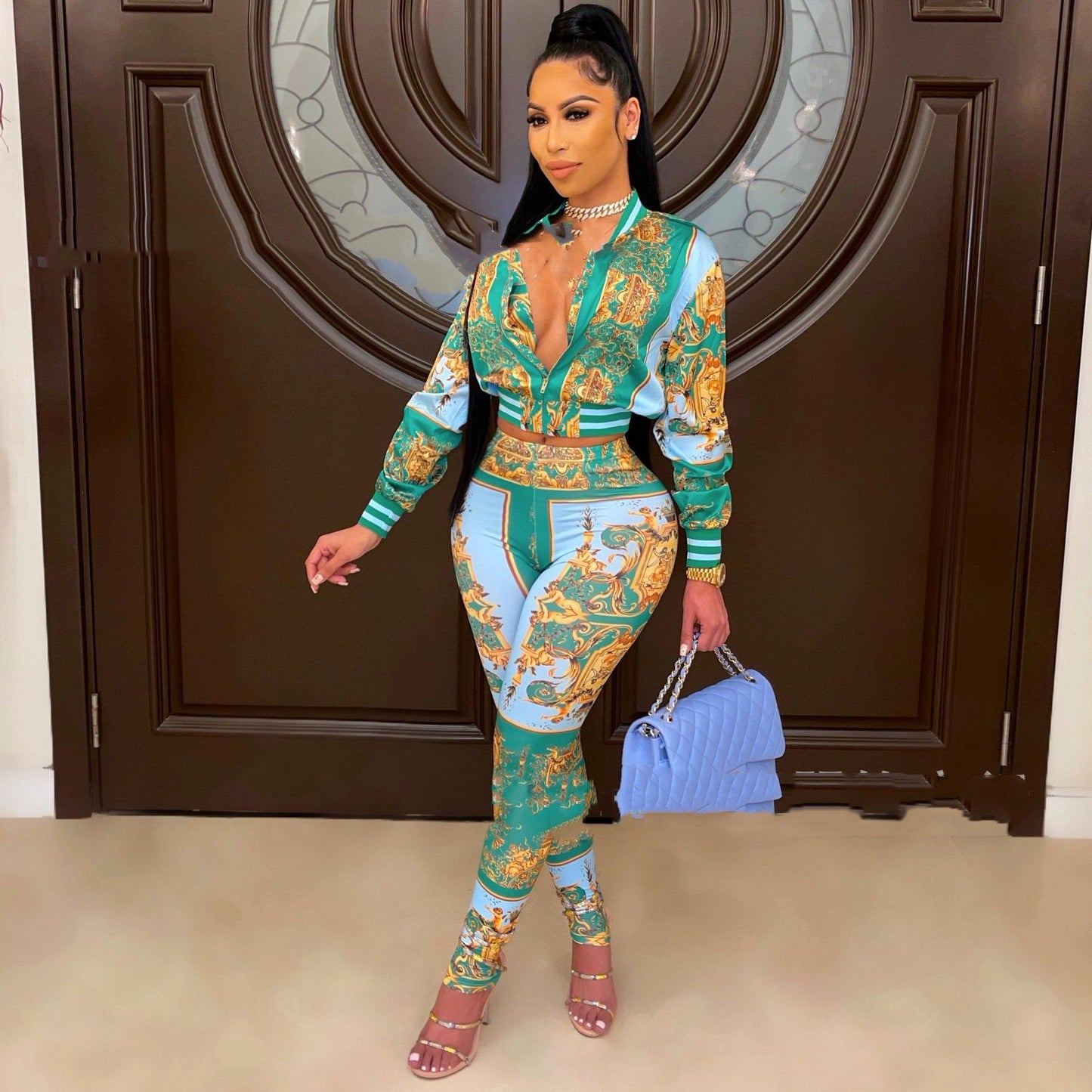 Color: Green, Size: L - Women's Digital Printing Two-piece Suit
