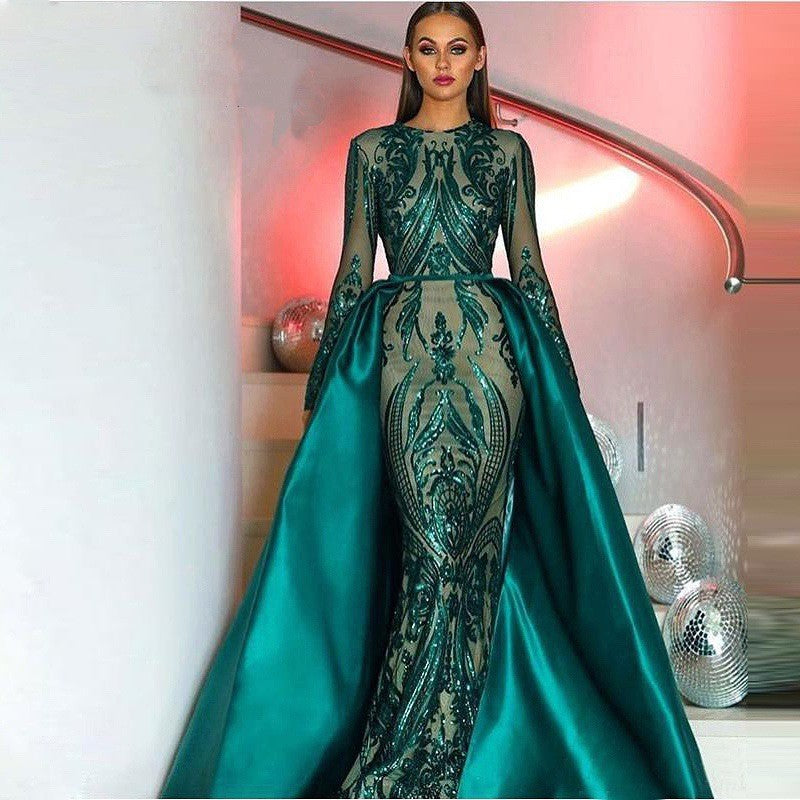 Color: Dark Green, Size: US16w - Women's Long-sleeved Trailing Evening Dress