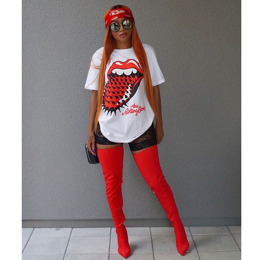 Womens Printed Big Tongue T-shirt Summer Loose Short Sleeve Girl Clothing Summer Fashion Designer Shirt