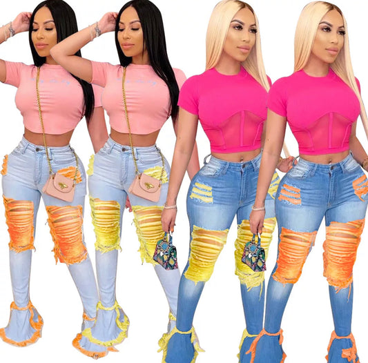 Two-Tone Distressed Flare Jeans